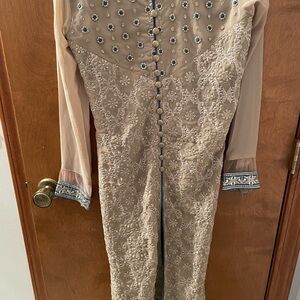 Cbazaar 2 piece Embroidered Beige suit with Blue Accents